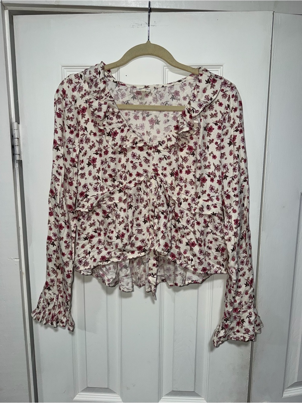 Ruffled Floral Button-Front Blouse - Cream with Pink Floral
